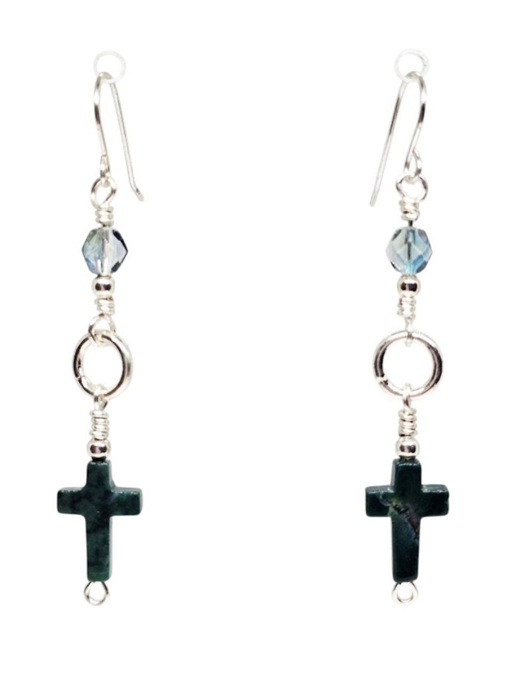 Green Jade Gemstone Cross Dangle Earrings Silver-Tone Handmade Christian Boho
